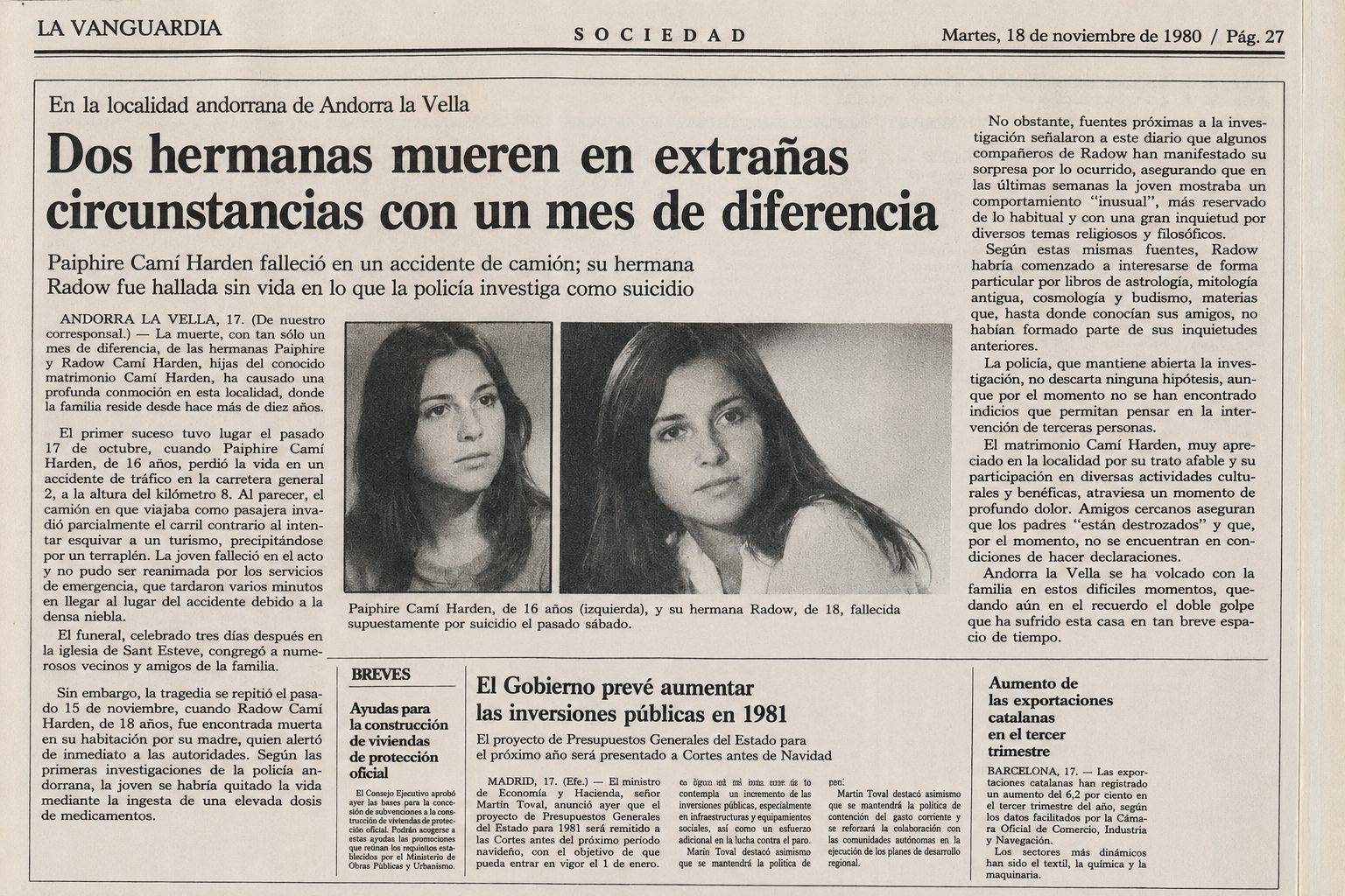 Recorte de prensa sobre las hermanas Camí Harden