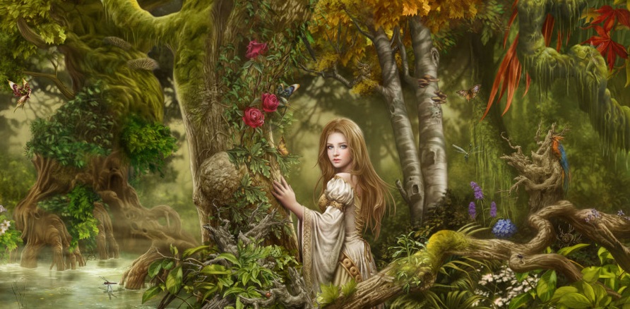 Ilustración de un bosque encantado para Donde los árboles cantan, de Laura Gallego